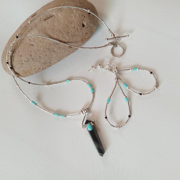 Liquid Sterling Silver Black Obsidian ~ Turquoise Ensemble - Picture 2 of 13